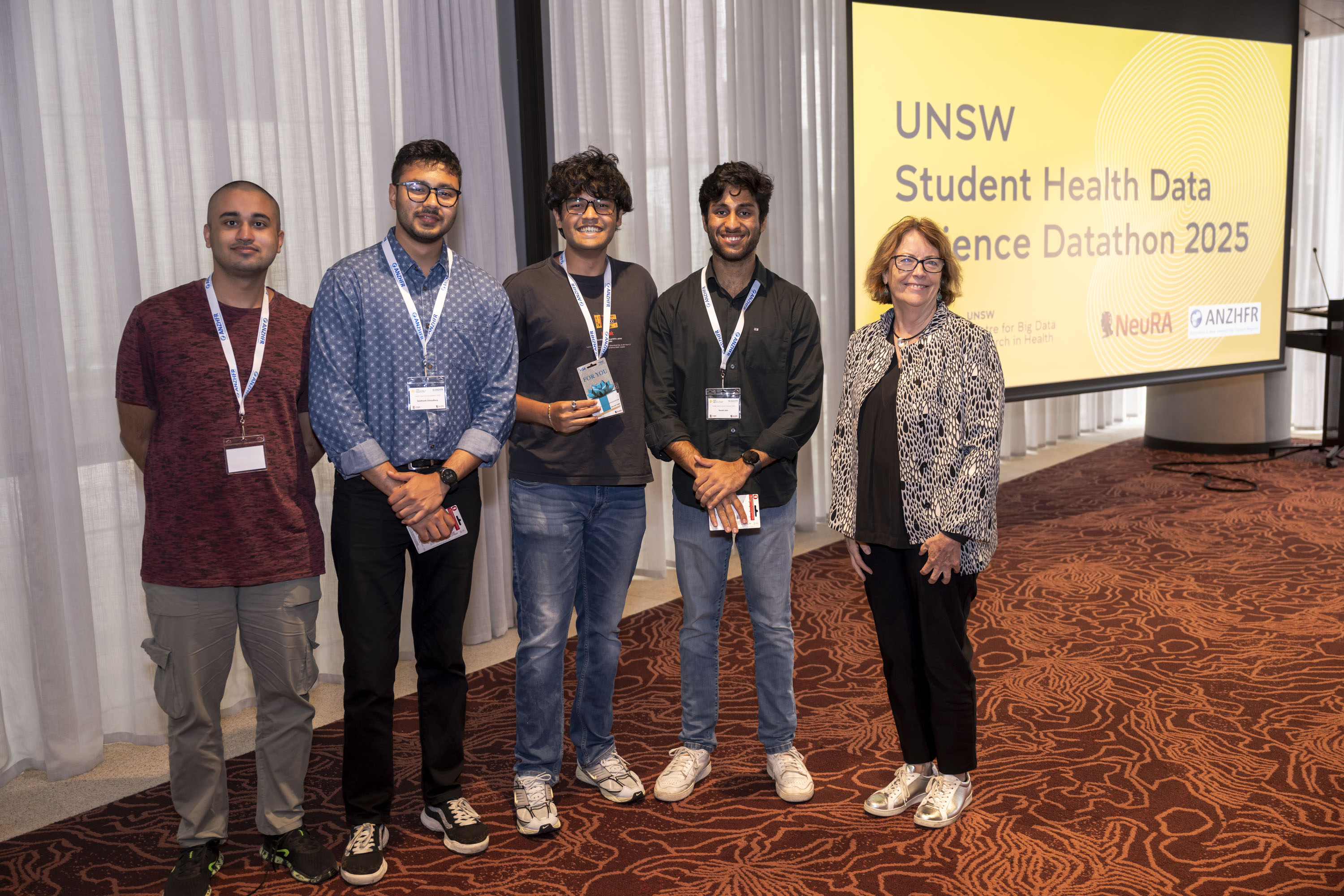 Second Place: Vaibhav Jha, Siddharth Choudhury, Ujan Pal, Vansh Jain and Professor Cheryl Jones (Dean, Faculty of Medicine and Health) Credit: Cassandra Hannagan